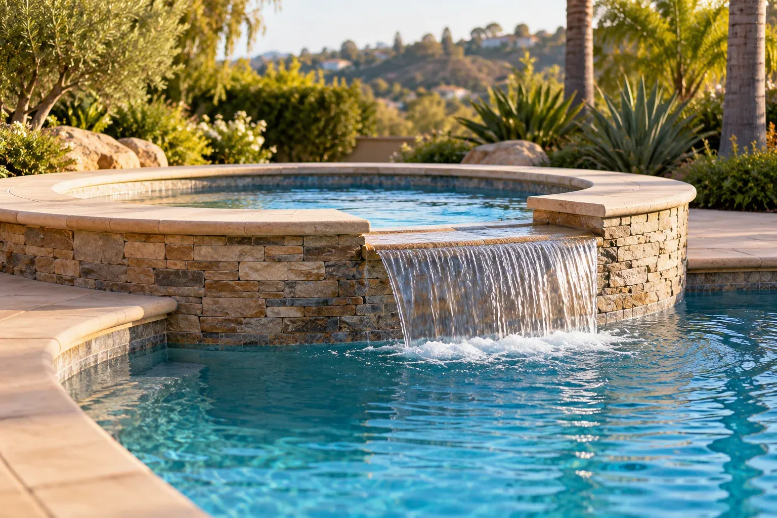 Raised circular spa with a stone spillway flowing into a backyard pool