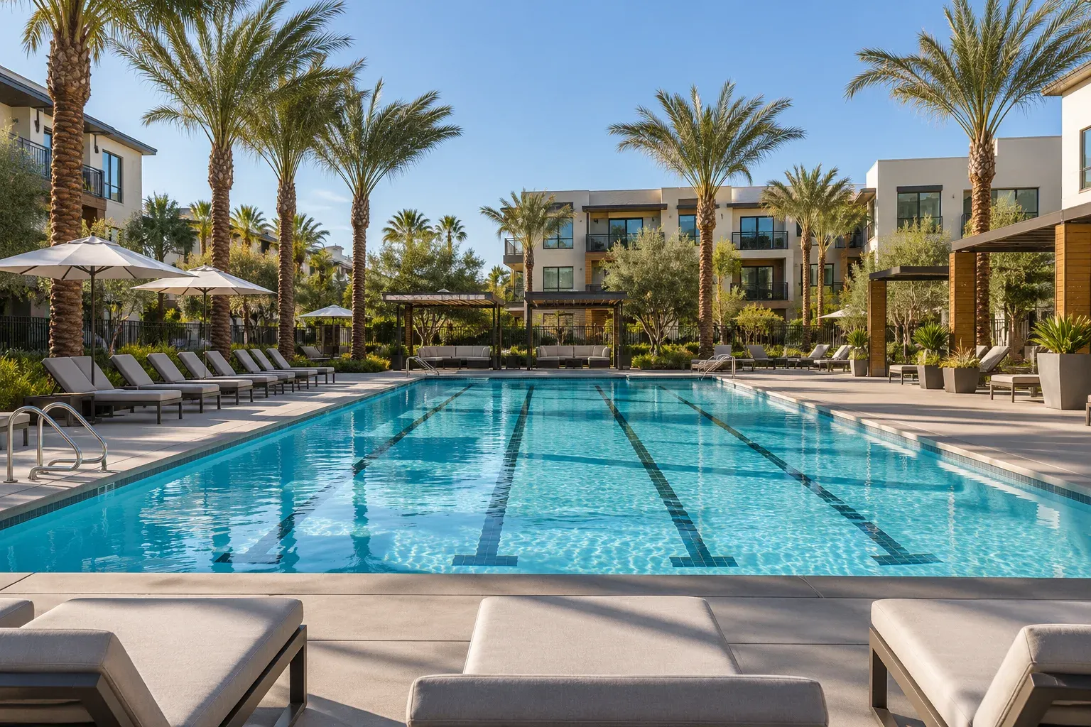 Apartment community lap pool with lane markings and lounge chairs