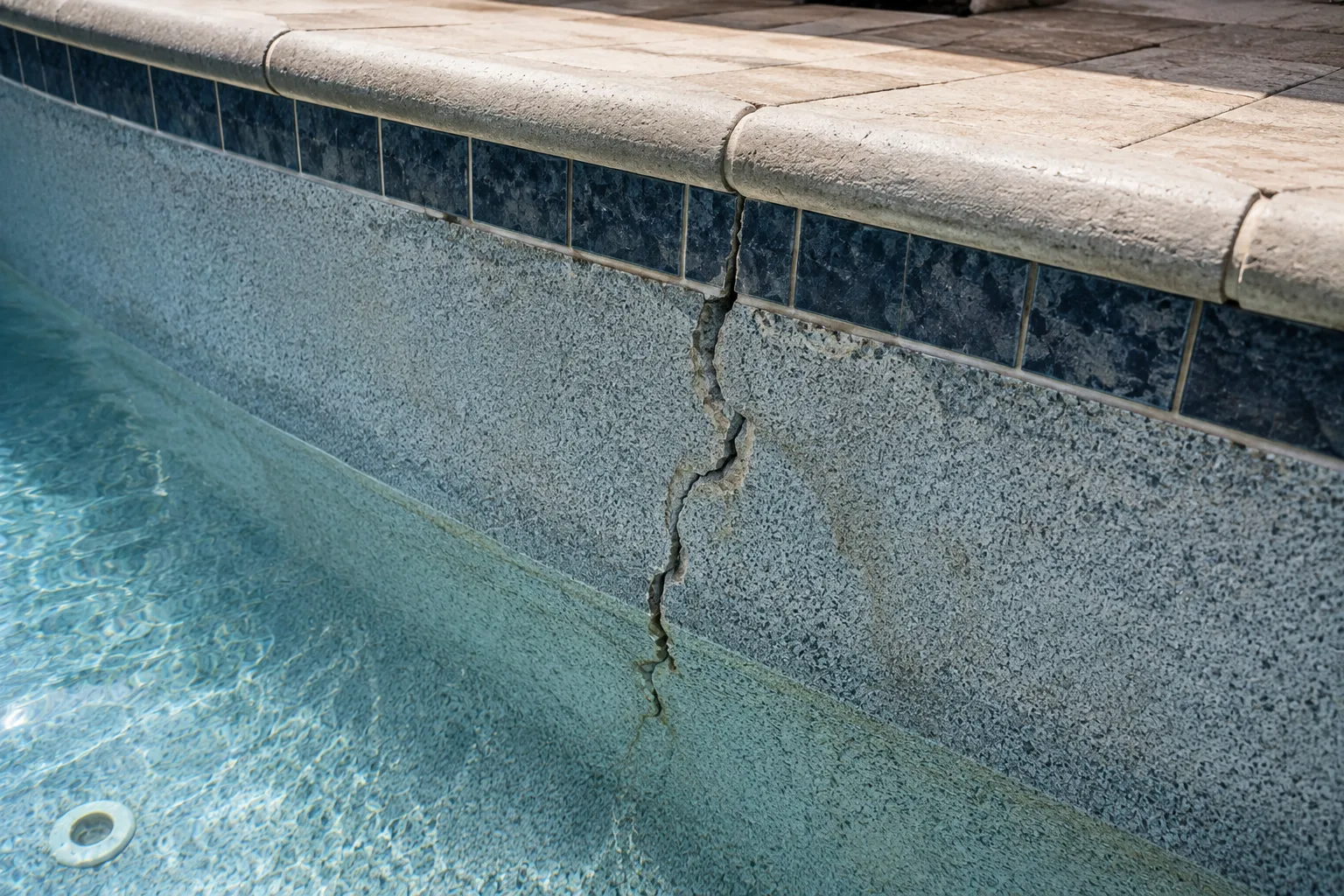 A crack running down through the tile line and plaster of a pool wall