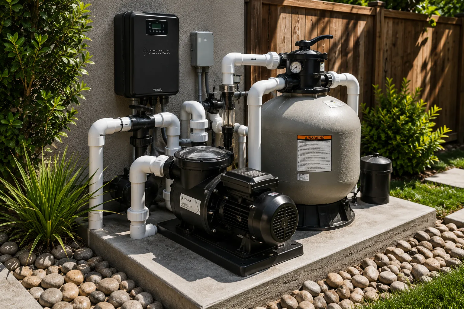 Pool pump, filter and plumbing on an equipment pad