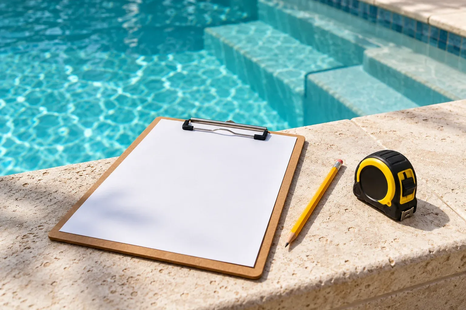 Clipboard, pencil and tape measure on pool coping beside turquoise water
