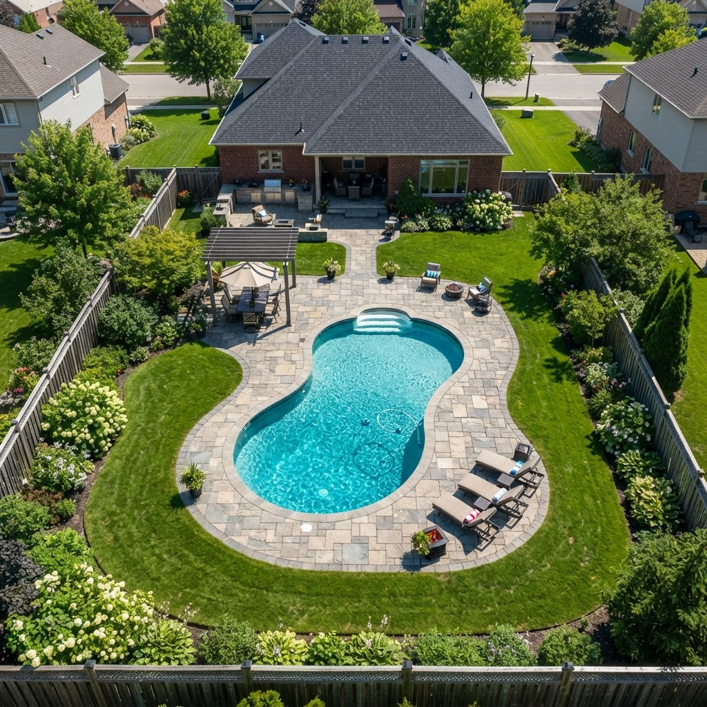 Aerial view of a backyard pool used for satellite measurement